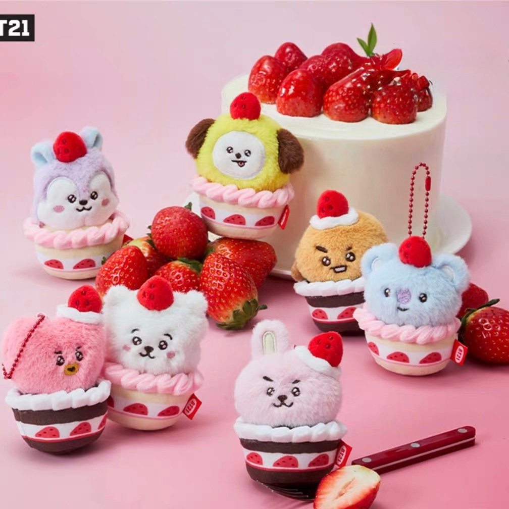 BTS BT21 Strawberry Cake Party Series Plush Doll Bag Charm Keychain